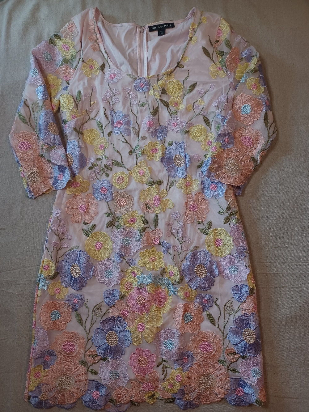 Boston Proper Pastel Embroidered Mesh 3/4 Sleeve Sheath Dress Women's Size 6